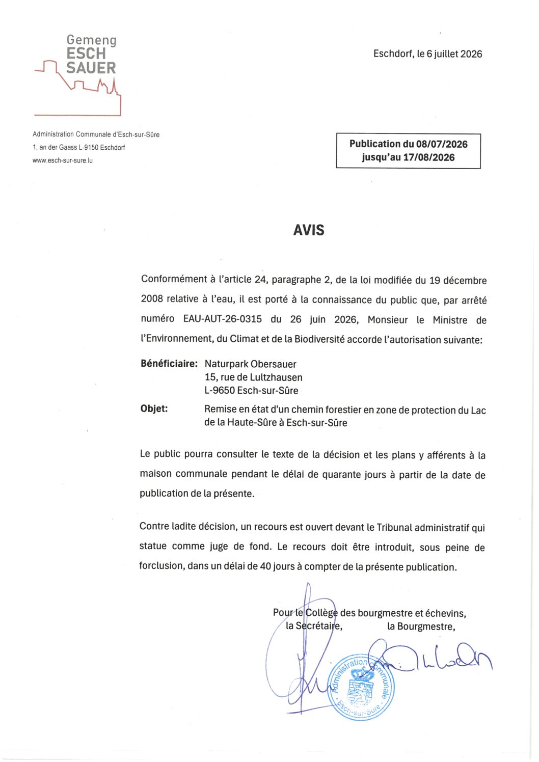 2026.07.08_Autorisation concernant la remise en état d'un chemin forestier en zone de protection du Lac de la Haute-Sûre à Esch-sur-Sûre