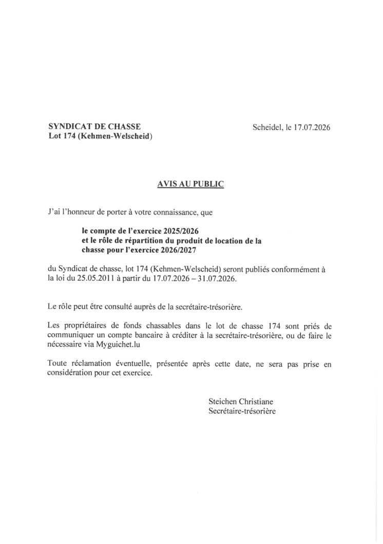 2026.07.15_Syndicat de Chasse, lot 174 - Publication du compte 2025-2026 et du rôle de répartition de l'exercice 2026-2027