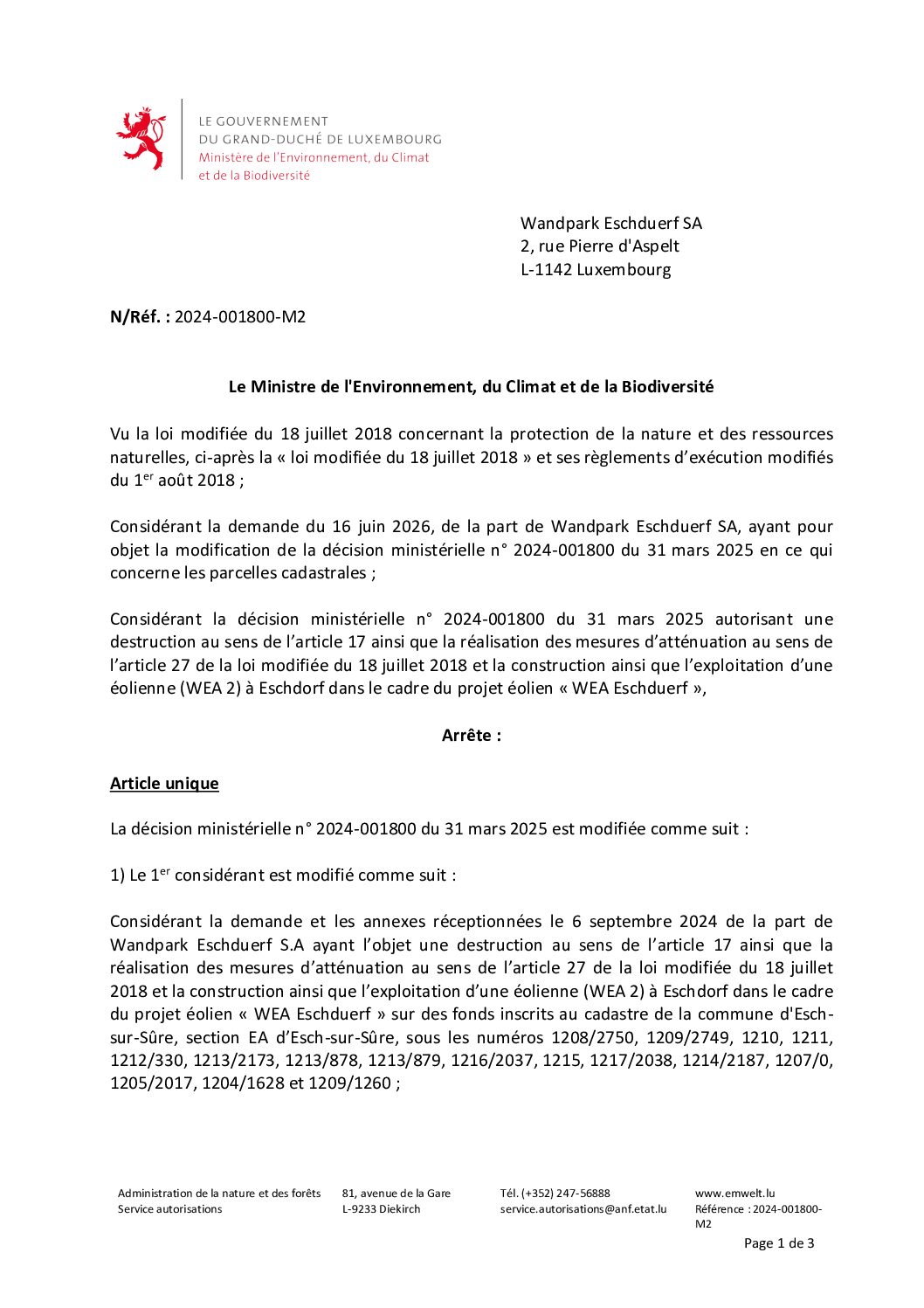 2026.07.17_Modification de ta decision ministerielle n° 2024-001800 du 31 mars 2025