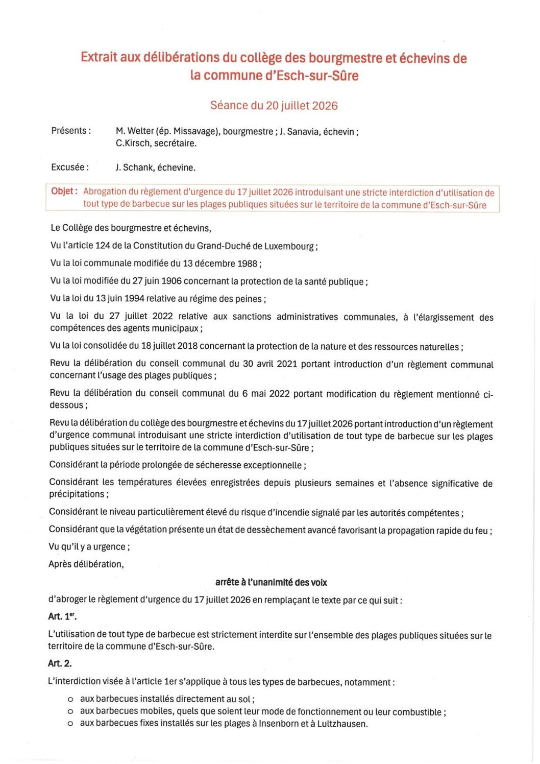 2026.07.20_Abrogation du règlement d'urgence introduisant une stricte interdiction d'utilisation de tout type de barbecue sur les plages publiques situées sur le territoire de la commune d'Esch-sur-Sûre