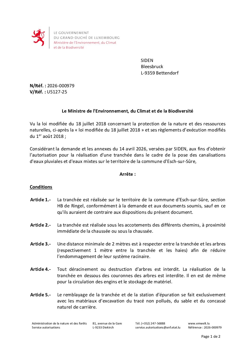 2026.07.31_Autorisation pour la réalisation d'une tranchée dans le cadre de la pose des canalisations d'eaux pluviales et d'eaux mixtes