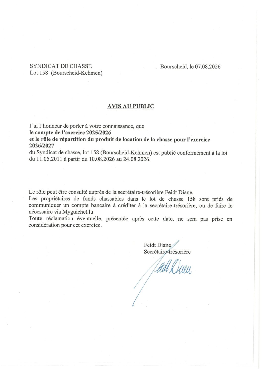 2026.08.12_Syndicat de Chasse, lot 158 - Publication du compte 2025-2026 et du rôle de répartition de l'exercice 2026-2027