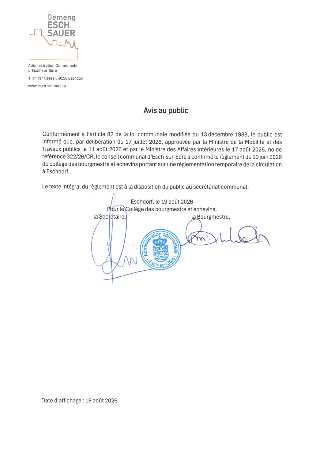 2026.08.19_Avis - Confirmation du règlement du 19.06.2026 portant sur une réglementation temporaire de la circulation à Eschdorf
