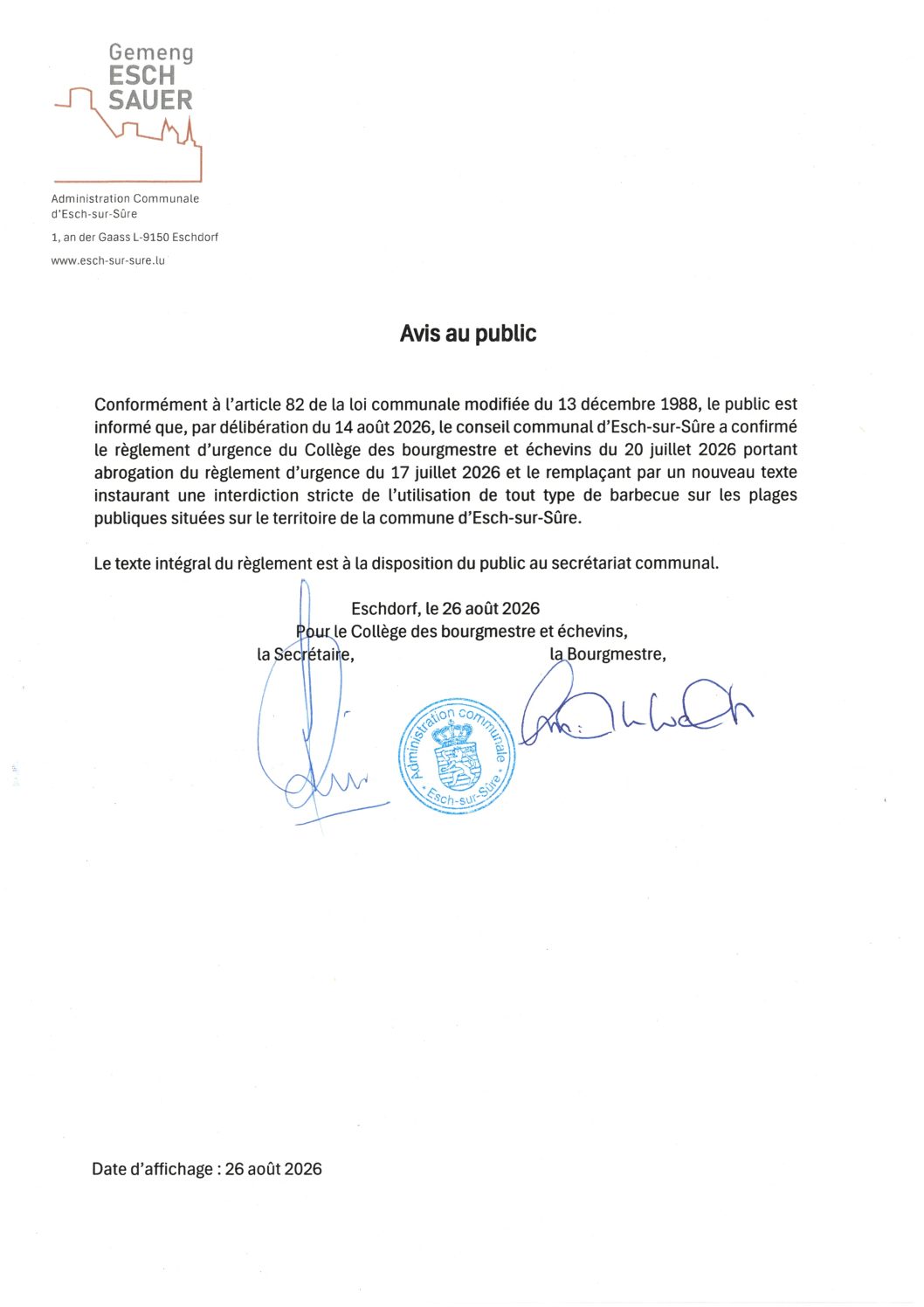 2026.08.26_Avis - Confirmation du règlement du 20.07.2026 portant abrogation du règlement d'urgence du 17.07.2026 et le rempla4ement par un nouveau texte (interdiction barbecue)