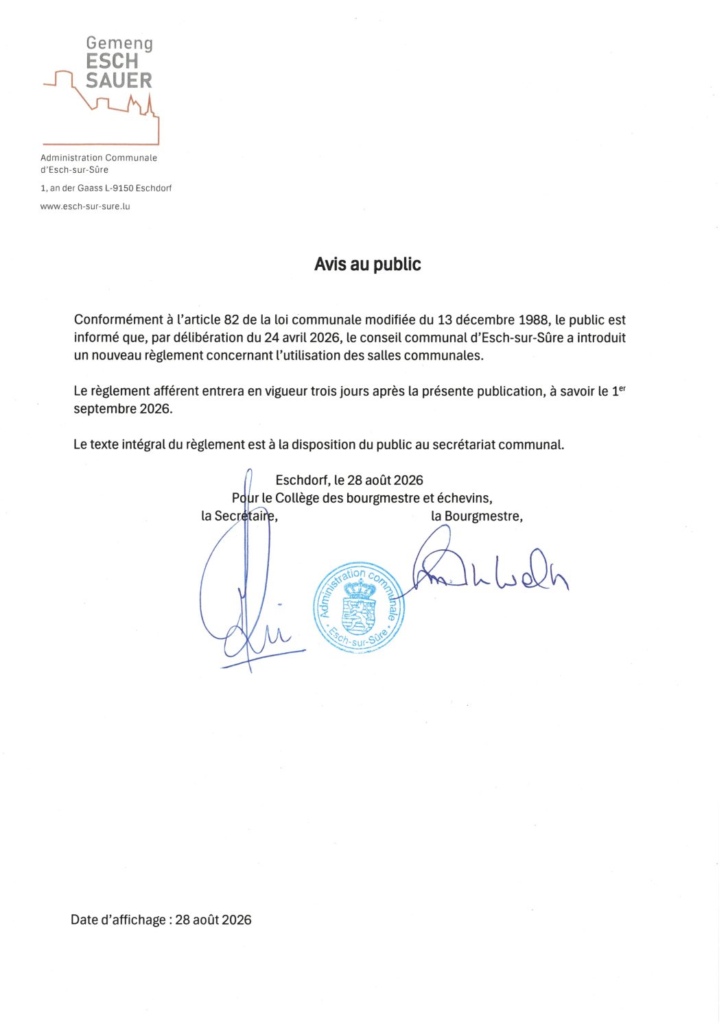 2026.08.28_Avis - Introduction d'un nouveau règlement concernant l'utilisation des salles communales