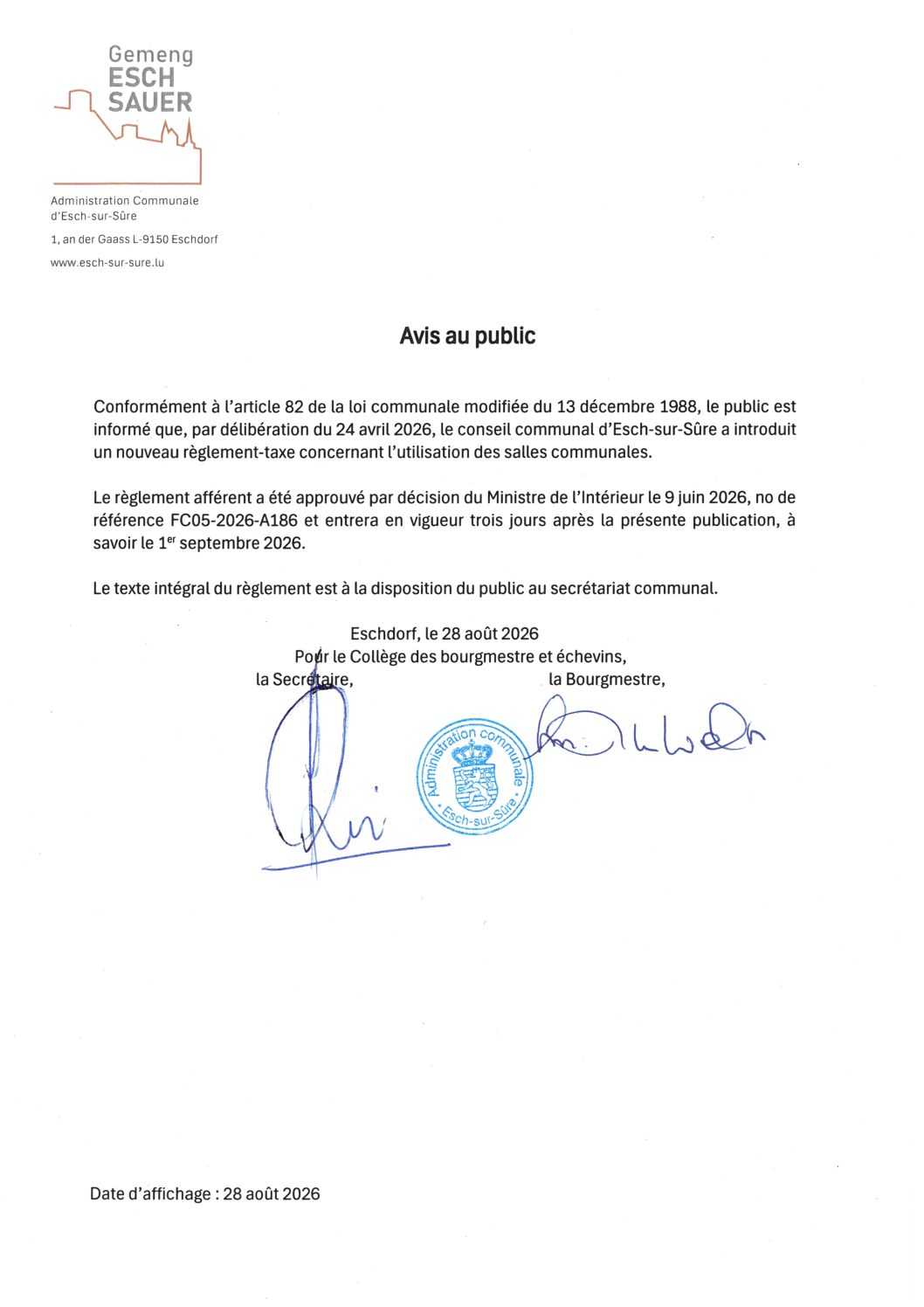 2026.08.28_Avis - Introduction d'un nouveau règlement-taxe concernant l'utilisation des salles communales