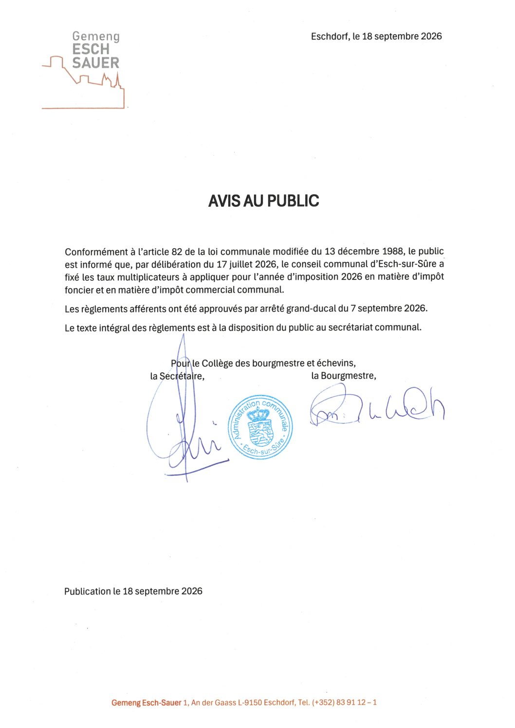 2026.09.18_Avis au public - Fixation des taux multiplicateurs à appliquer pour l'année d'imposition 2026 en matière d'impôt foncier et en matière d'impôt commercial communal