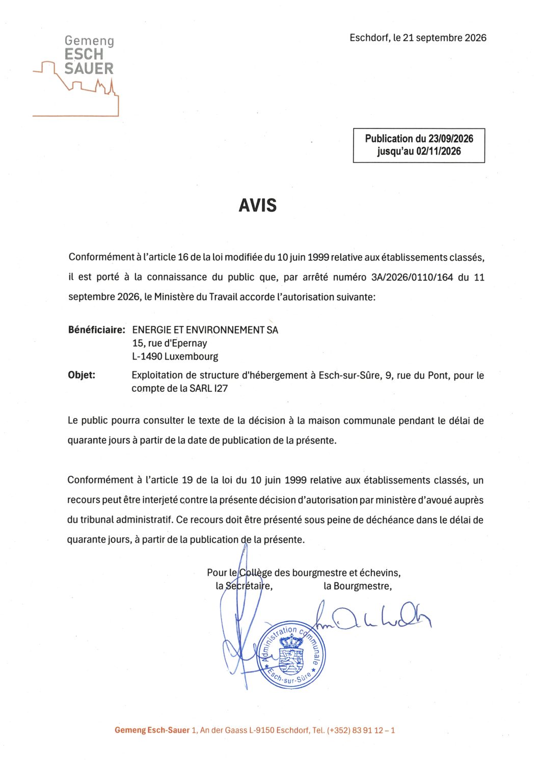 2026.09.23_Autorisation concernant l'exploitation de structure d'hébergement à Esch-sur-Sûre, 9, rue du Pont, pour le compte de la SARL I27