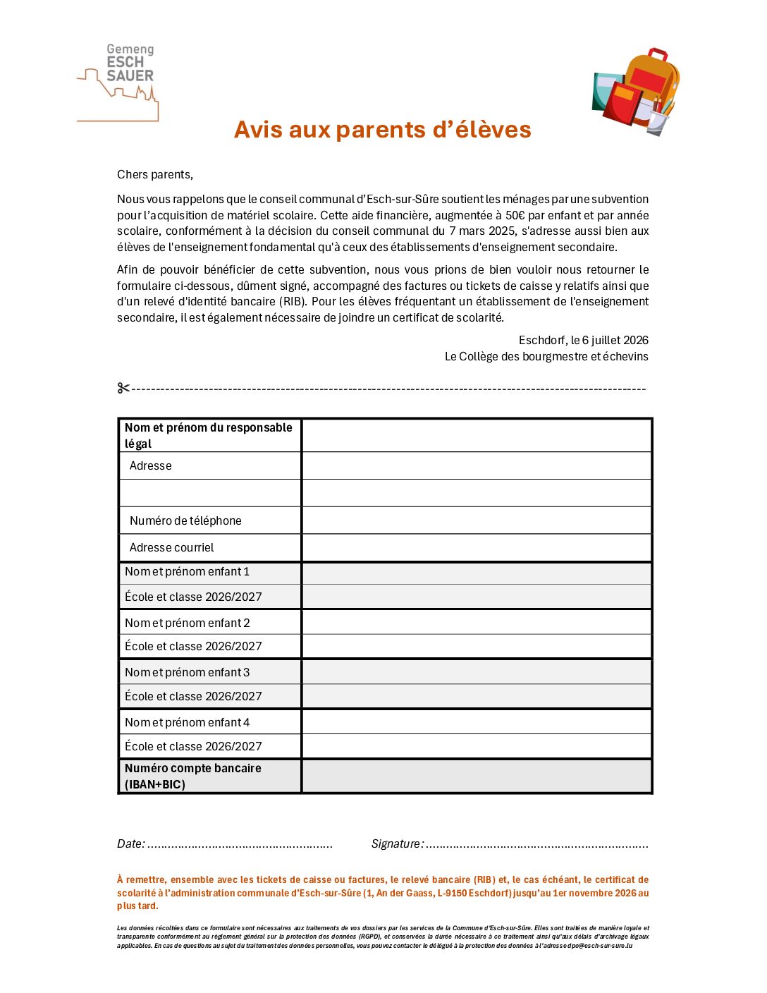 Subside matériel scolaire 2026/2027