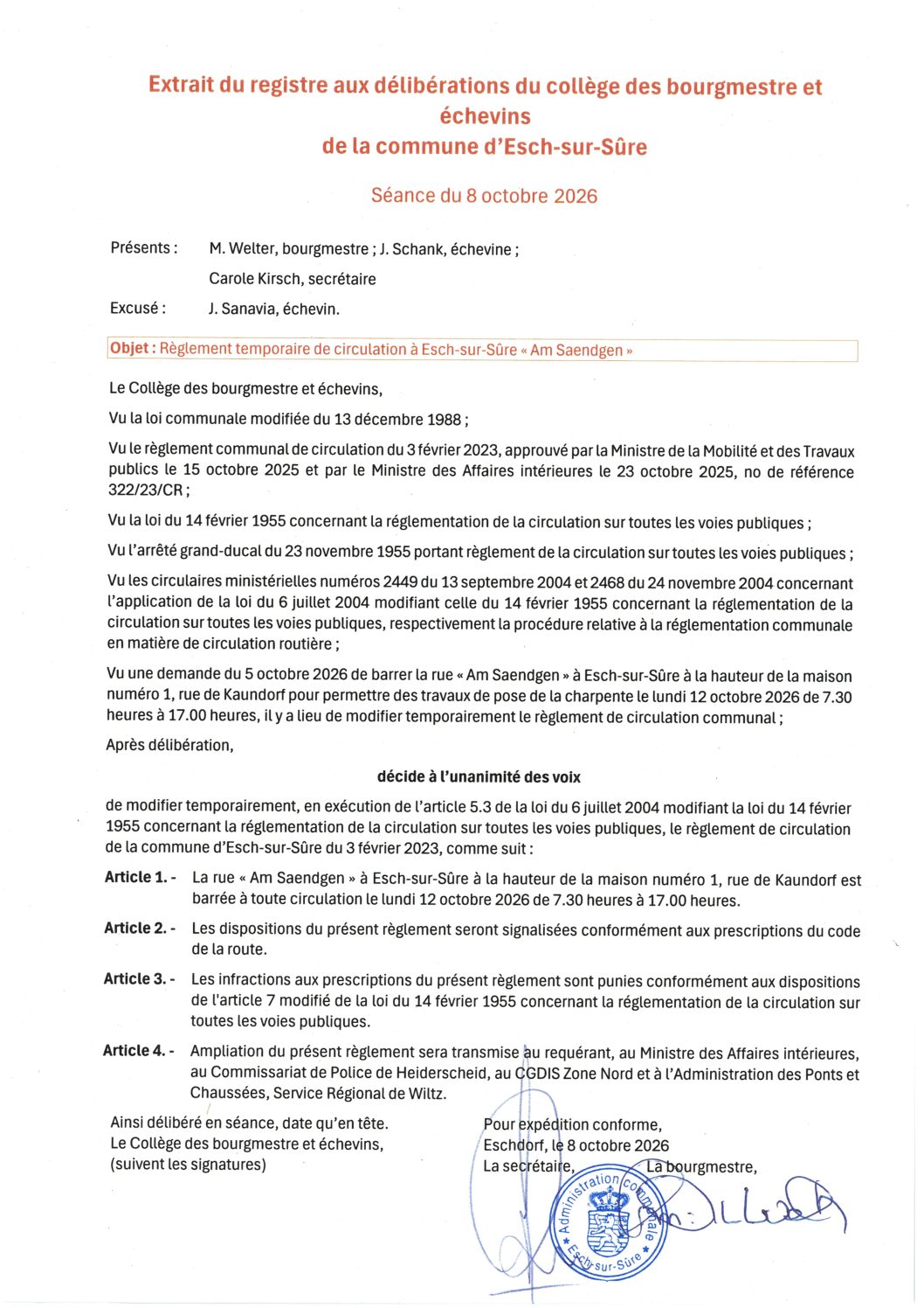 2026.10.09_Règlement temporaire de circulation à Esch-sur-Sûre (Am Saendgen) en date du 12.10.2026 de 7.30 à 17.00 heures