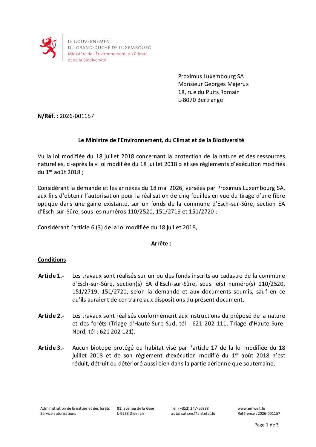 2026.10.07_Autorisation pour la réalisation de cing fouilles en vue du tirage d'une fibre optique dans une gaine existante